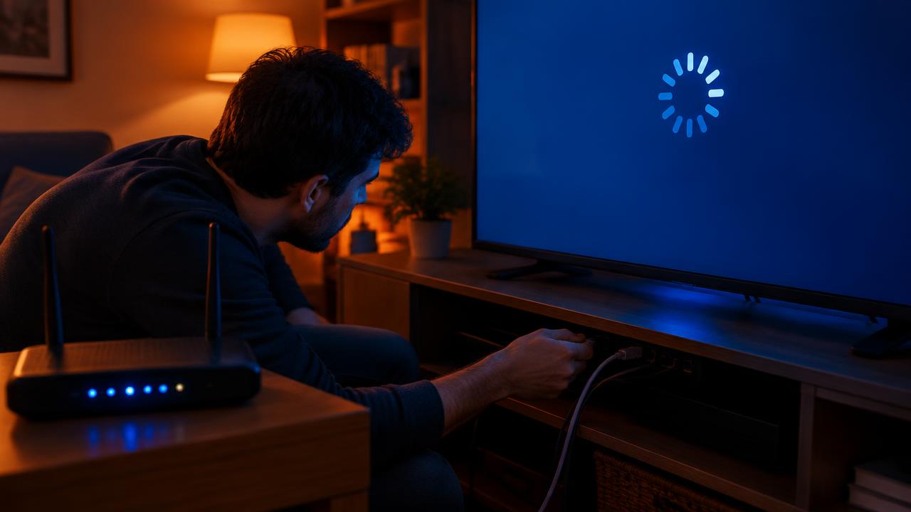 Iemand lost IPTV-problemen op met een router en een laadscherm op tv