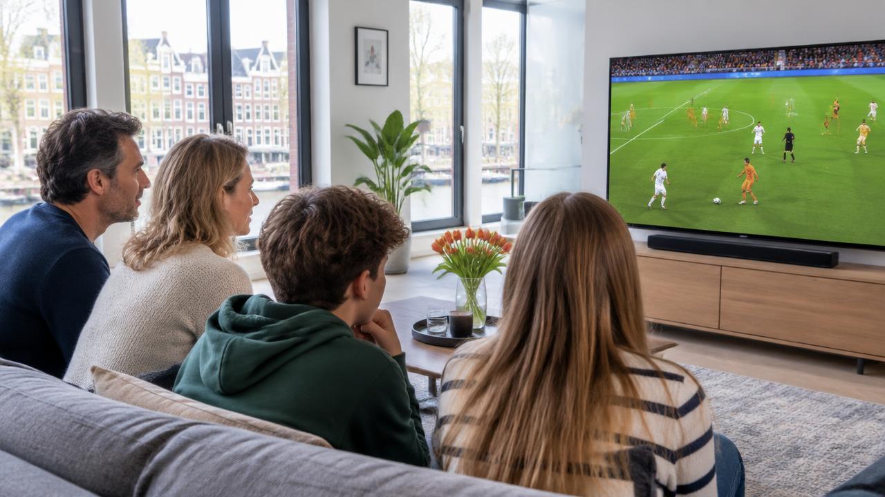 Gezin kijkt Europees voetbal op tv in een Nederlandse woonkamer